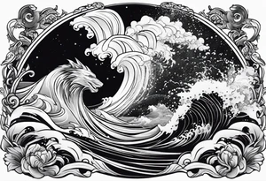 Poseidon im Vordergrund mit Windsurfer und Wellen im Hintergrund tattoo idea