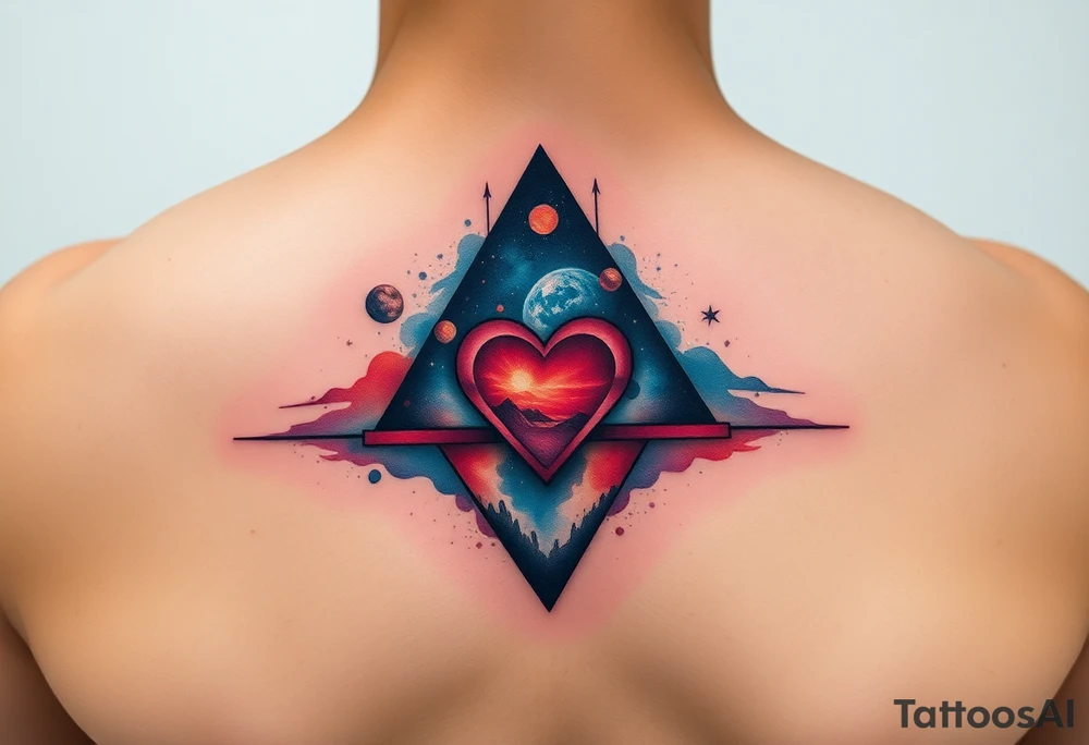 A single triangle with a heart in the center with planets and galaxy in background tattoo idea