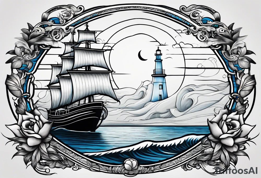 bateau, phare maritime et lune bleu.délicat,minimaliste.phoenix. tattoo idea