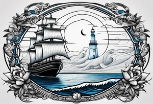 bateau, phare maritime et lune bleu.délicat,minimaliste.phoenix. tattoo idea