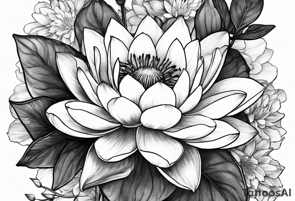 Larkspur and water lily with stems tied with ribbon tattoo idea