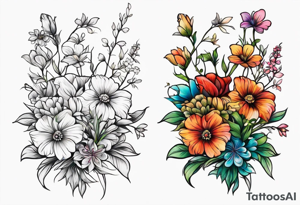 small long stem wildflower bouquet across foot tattoo idea