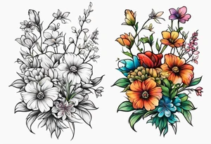 small long stem wildflower bouquet across foot tattoo idea