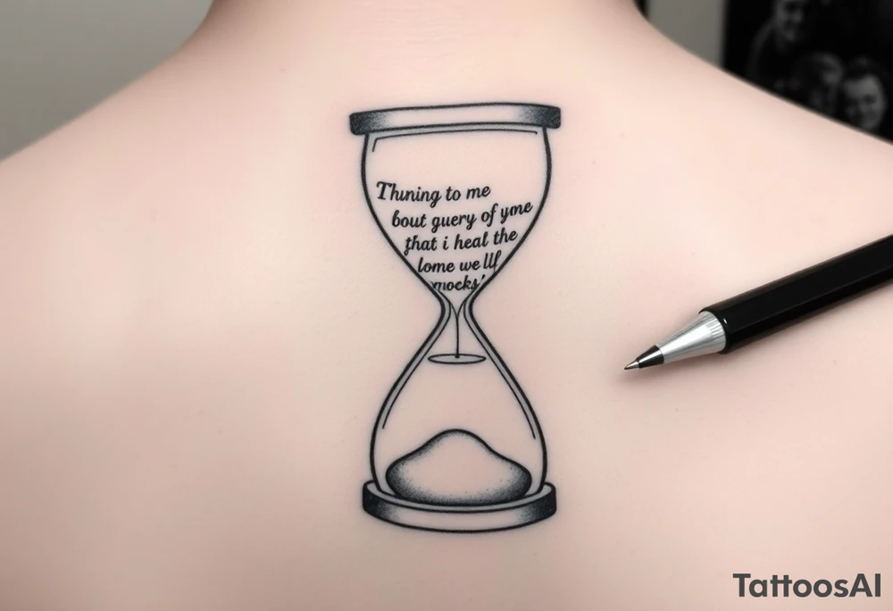 You are a renowned tattoo artist, known for your ability to create unique and meaningful designs. Your client wants a tattoo that symbolizes the passage of time and incorporates a personal text. The idea is to shape the text in the form of an hourglass, as if the words themselves are flowing like sand through the hourglass. Here is the text to be used:

“When I'm gone just carry on, don't mourn
Rejoice every time you hear the sound of my voice
Just know that I’m lookin’ down on you smilin
And I didn’t feel a thing so baby don’t feel no pain, just smile back!
It's something unpredictable
But in the end, it's right
I hope you had the time of your life” tattoo idea
