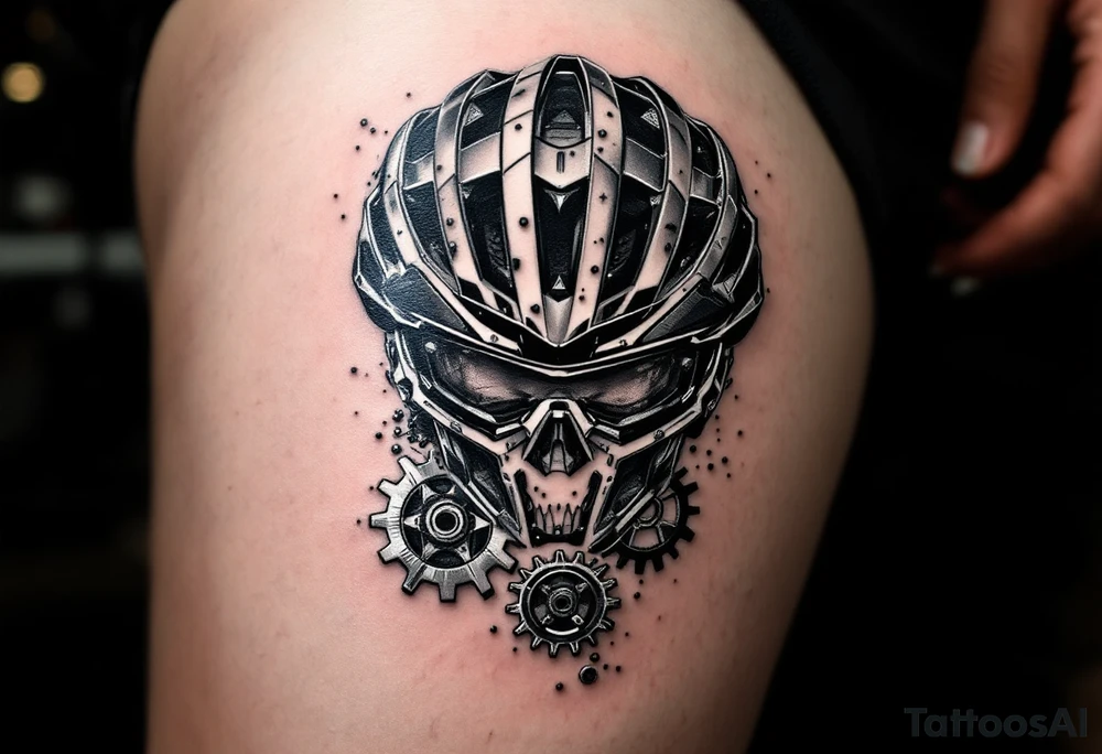 A cycling helmet design with gears etched into the sides, with the helmet representing protection and safety, and the gears symbolizing the technical side of cycling, shaded in bold black with small highlights of silver. tattoo idea