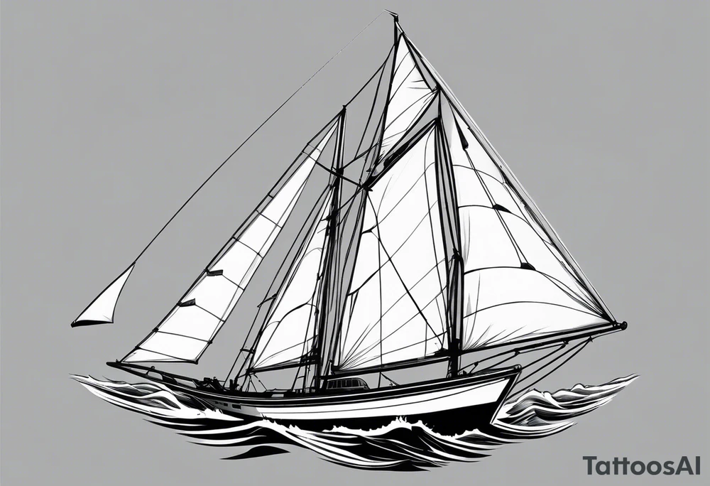 bow of a sailboat. 1 mast and 2 sails to windward. one of the 2 sails is half sail, half marine lighthouse. tattoo idea