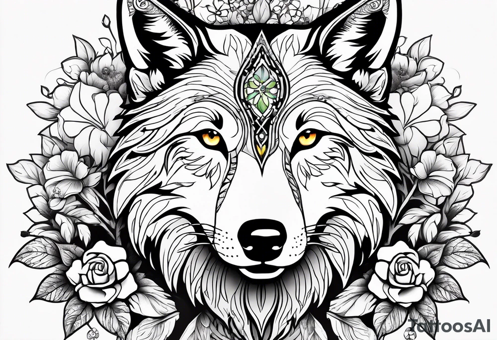 Wolf, flower, cross tattoo idea