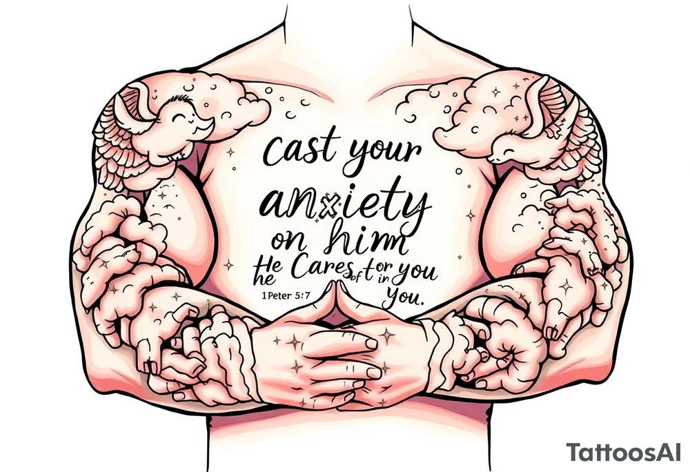 cast all your anxiety on him because he cares for you"  1 peter 5:7 surrounded with clouds and angels and praying hands tattoo idea
