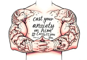 cast all your anxiety on him because he cares for you"  1 peter 5:7 surrounded with clouds and angels and praying hands tattoo idea