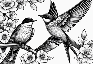 swallows with architectural elements and a floral or botanical design tattoo idea