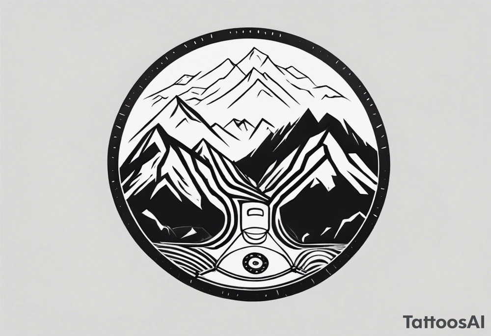 road cycles wheel drawn as a gym weight plate with a mountain in the middle tattoo idea