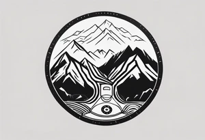 road cycles wheel drawn as a gym weight plate with a mountain in the middle tattoo idea