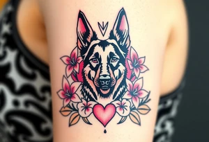 strong looking short haired german shepherd with alert ears surrounded by pink lilies with large leaves in front of a sacred heart tattoo idea