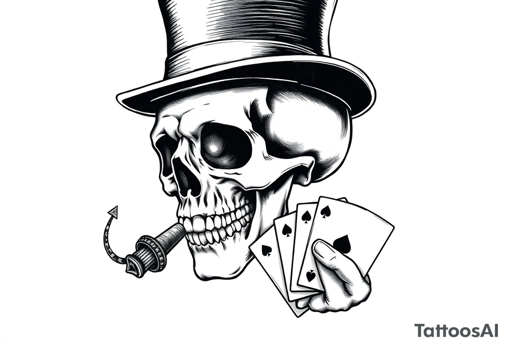 a skull with mustache,top-hat, cigar in his mouth and playing cards in a hand. tattoo idea