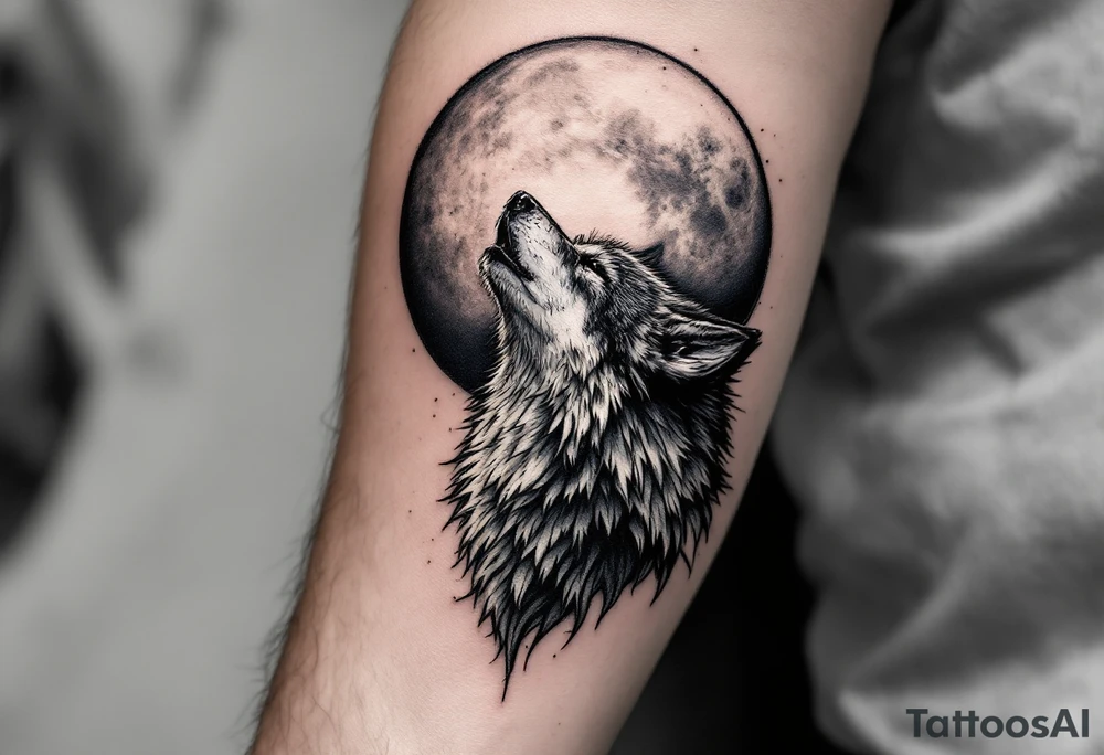 Realistic wolf howling at the moon tattoo idea