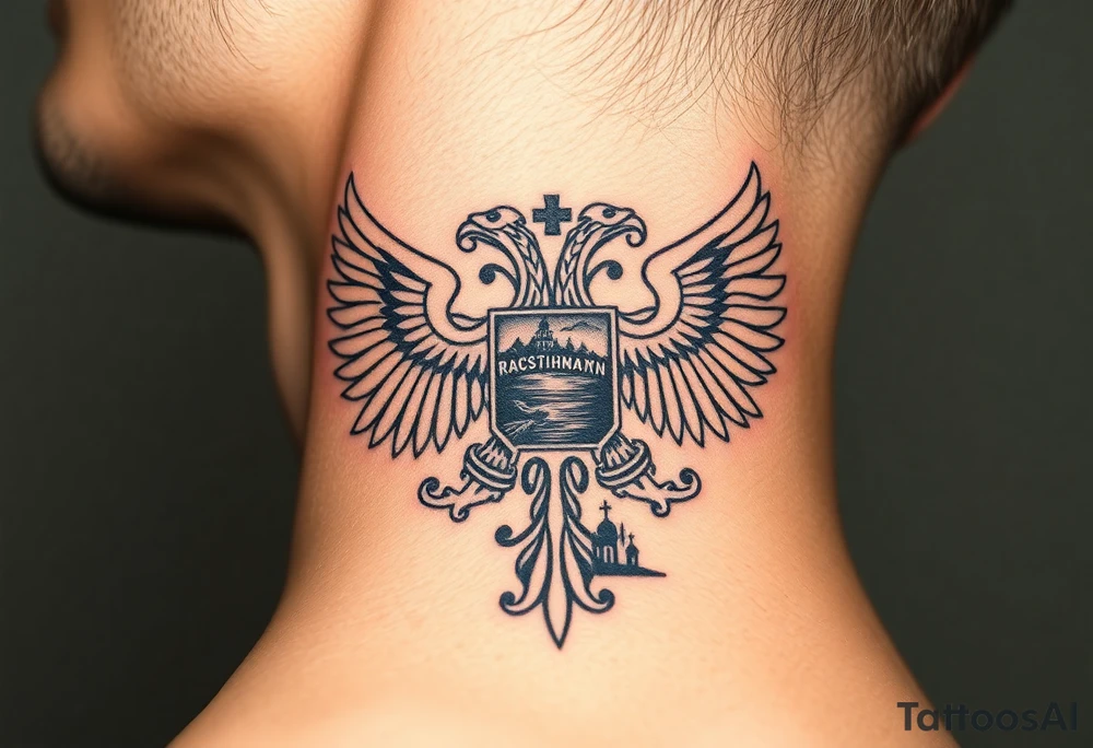 Traditional authentic Russian coat of arms with double headed eagle & a well shaded Christian orthodox virgin marry crest in the middle with silhouette of a lake in a Russian wilderness Christian orthodoxy dome church village setting on the side of my neck tattoo idea