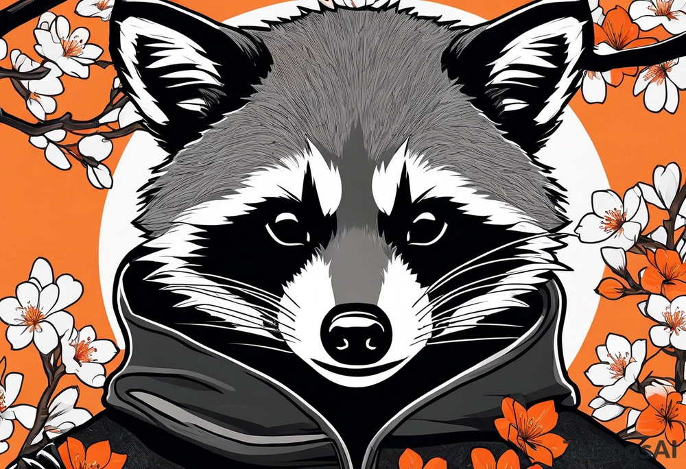 Raccoon wearing a white Superman logo on a black hoodie and orange Japanese cherry blossoms tattoo idea