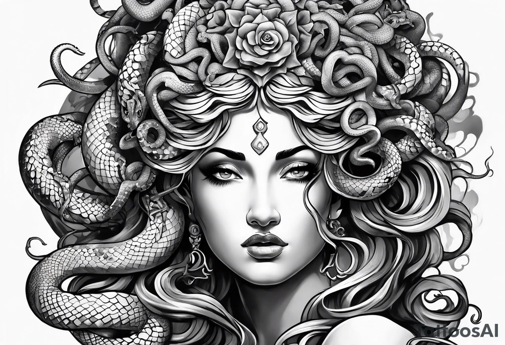 arm tattoo of Medusa as a statue with snakes for hair tattoo idea