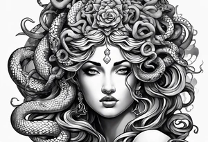 arm tattoo of Medusa as a statue with snakes for hair tattoo idea