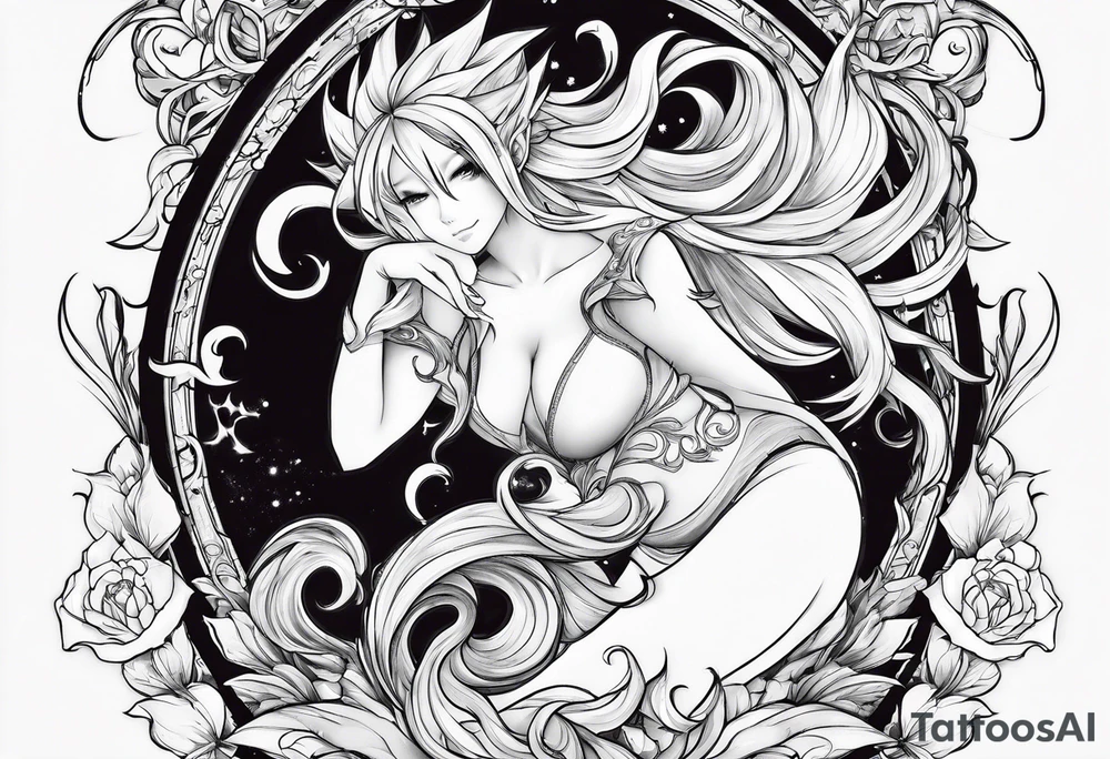 No color fairy with a tail inspired by the logo of the anime show called Fairy Tail in a fetal position leaning in and forward while sleeping tattoo idea