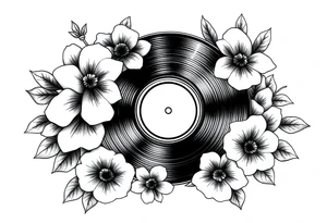 vinyl record surrounded by flowers tattoo idea