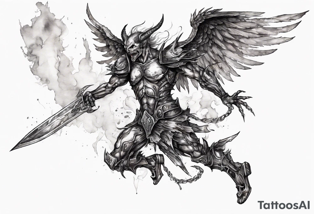 Side view of a demon angel wearing inorganic armor that is in mid-air with his weapon behind about to attack. tattoo idea