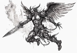 Side view of a demon angel wearing inorganic armor that is in mid-air with his weapon behind about to attack. tattoo idea