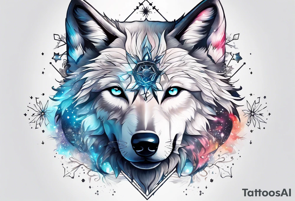 Constellation, two animal wolf, snowflake tattoo idea