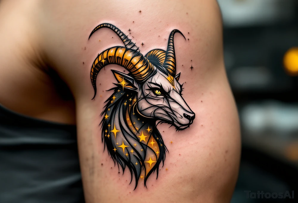 An abstract Capricorn with capricorn star constellation tattoo featuring bold black lines and radiant yellow stars scattered in the pattern tattoo idea