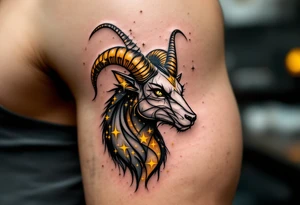 An abstract Capricorn with capricorn star constellation tattoo featuring bold black lines and radiant yellow stars scattered in the pattern tattoo idea