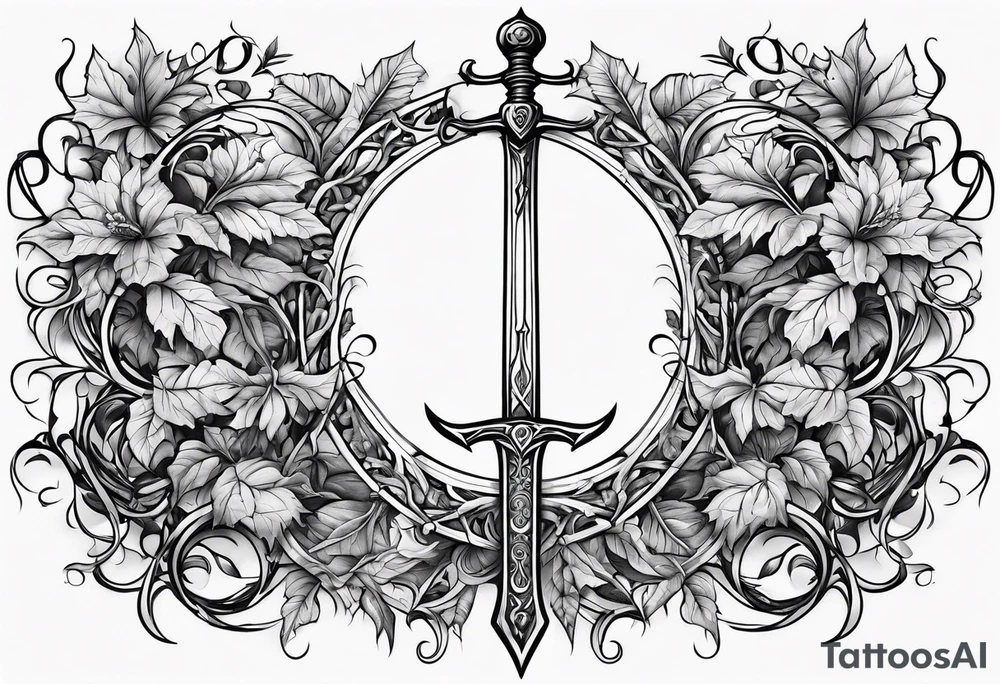 Leafy vines with sword tattoo idea