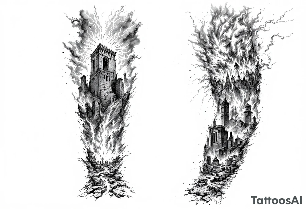 this will be a right arm sleeve.

A crumbling tower struck by lightning, with people scattering in chaos.
Fire raining down from heaven on a burning city, with smoke rising.
A blazing altar with fire falling from heaven
 Floodwaters overtaking the earth, with an ark in the distance. tattoo idea