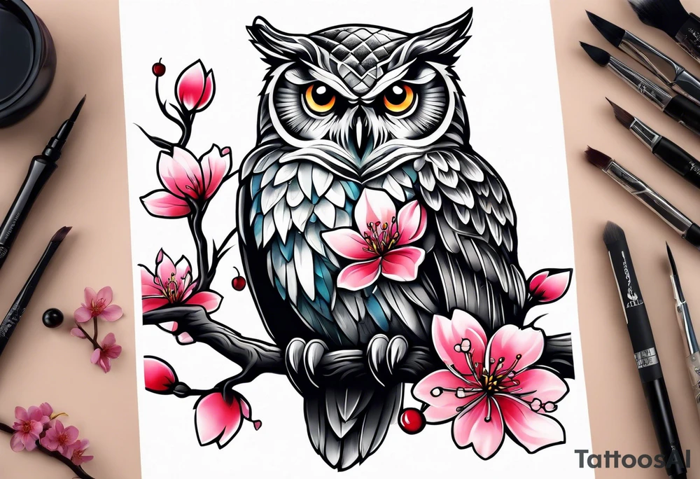 Owl and cherry blossoms tattoo idea