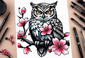 Owl and cherry blossoms tattoo idea