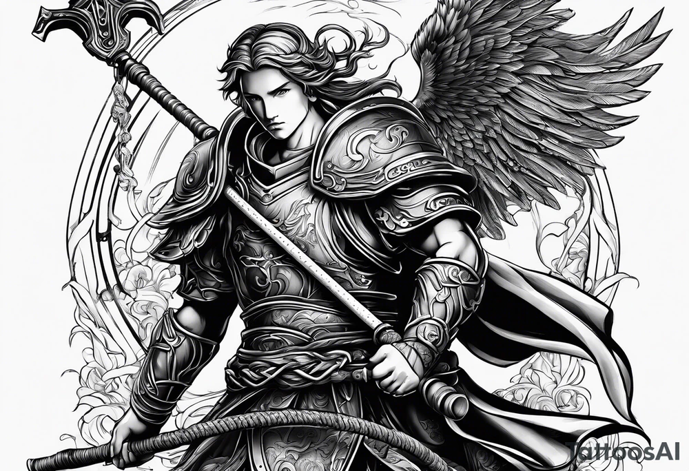 ares figure, angel, fishing rod, floorball ball tattoo idea