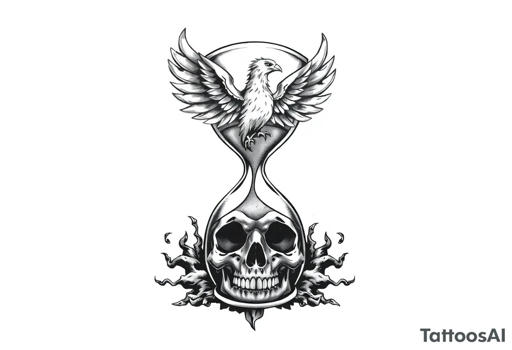 A cracked hourglass with the sands forming a skull below and a phoenix rising from the top. tattoo idea