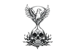 A cracked hourglass with the sands forming a skull below and a phoenix rising from the top. tattoo idea