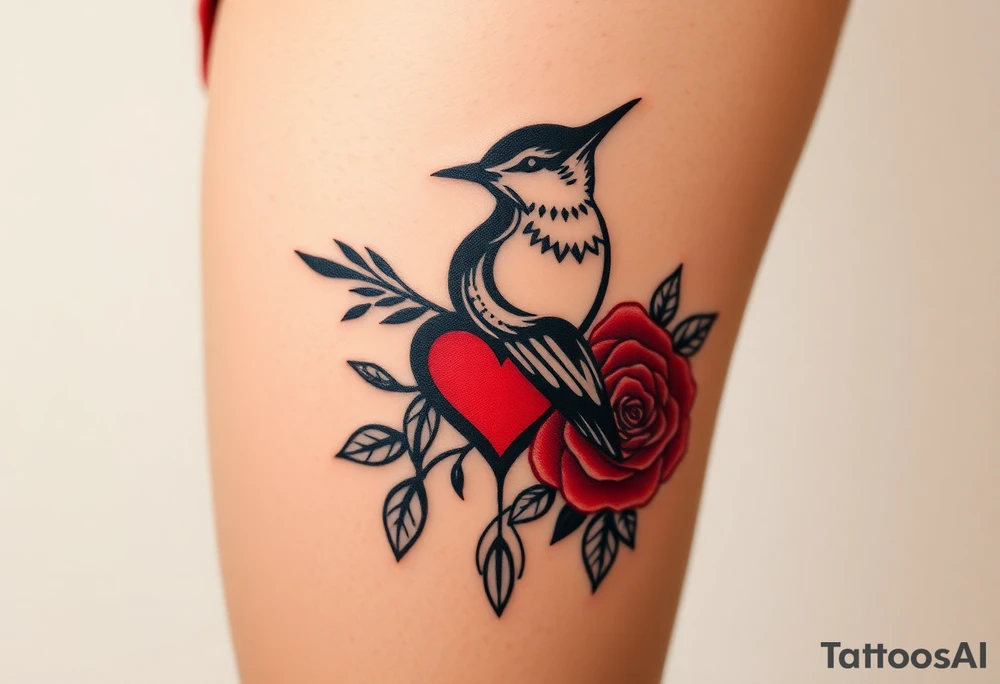 Robin bird and red rose with infinity heart tattoo idea