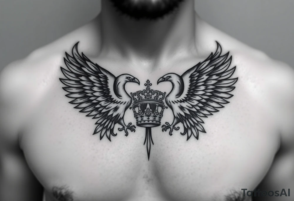 Chest tattoo,powerful two symetricalmajestic eagles, surrounded by lure ornaments , between eagles a crown tattoo idea