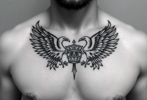 Chest tattoo,powerful two symetricalmajestic eagles, surrounded by lure ornaments , between eagles a crown tattoo idea