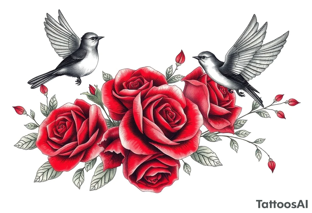Vintage lace, red roses, red birds, vintage tattoo idea