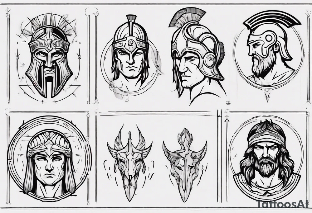 minimalist spartan/ greek/roman mythology fine-linework tattoo idea