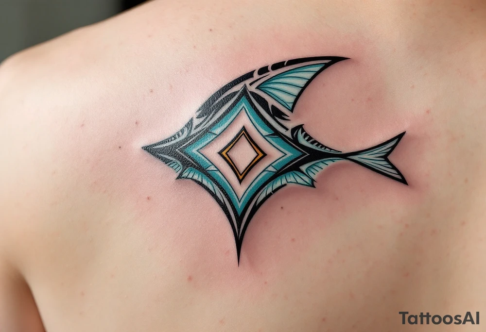 A graceful ray fish glides through deep turquoise waters, its diamond-shaped body shimmering in gradients of silvery blue and soft lavender, with delicate dark spots trailing along its gently undulating wings. tattoo idea
