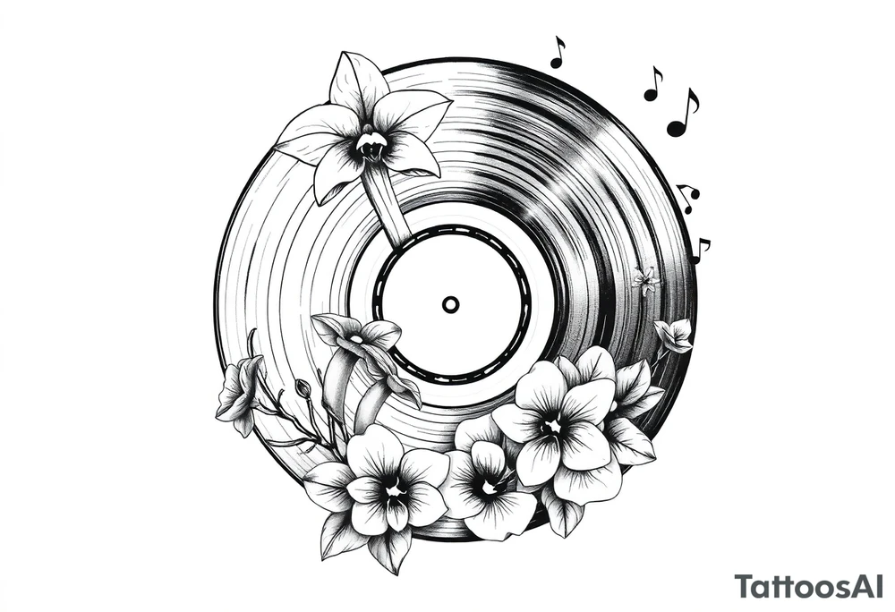 one vinyl record with mushrooms, orchids, and music notes around it tattoo idea