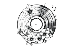 one vinyl record with mushrooms, orchids, and music notes around it tattoo idea