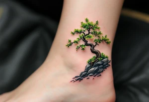 A green and black bonsai tree growing from a small rocky base, symbolizing harmony and patience. tattoo idea