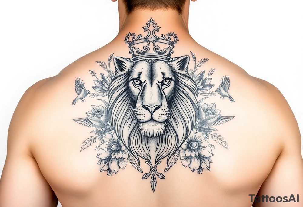 powerful majestic lion with a crown, surrounded by floral ornaments and birds tattoo idea