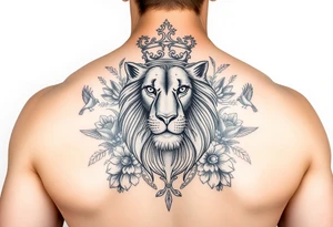 powerful majestic lion with a crown, surrounded by floral ornaments and birds tattoo idea