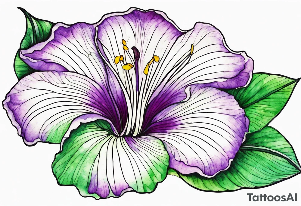 An outline of a rio dipladenia flower with a green and purple watercolor background tattoo idea