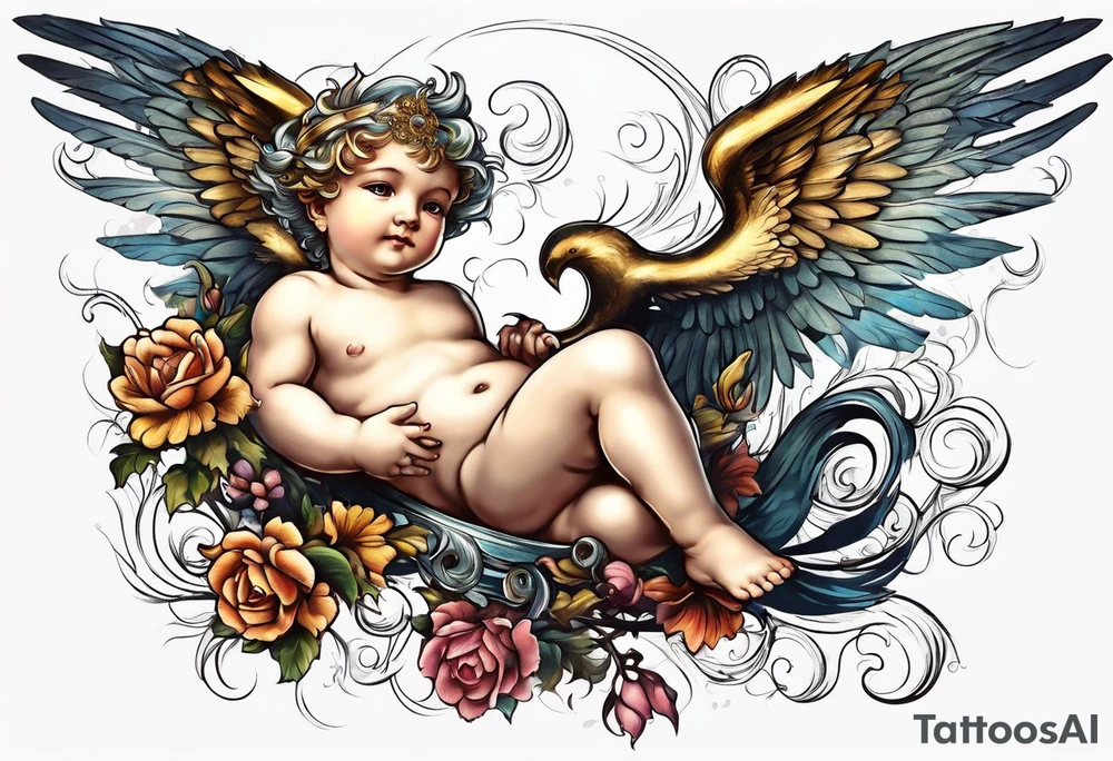 Flying Cherub renaissance style tattoo idea